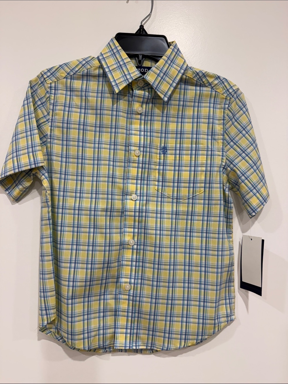 Izod Yellow and Blue Plaid Short-Sleeve Button-Down Shirt